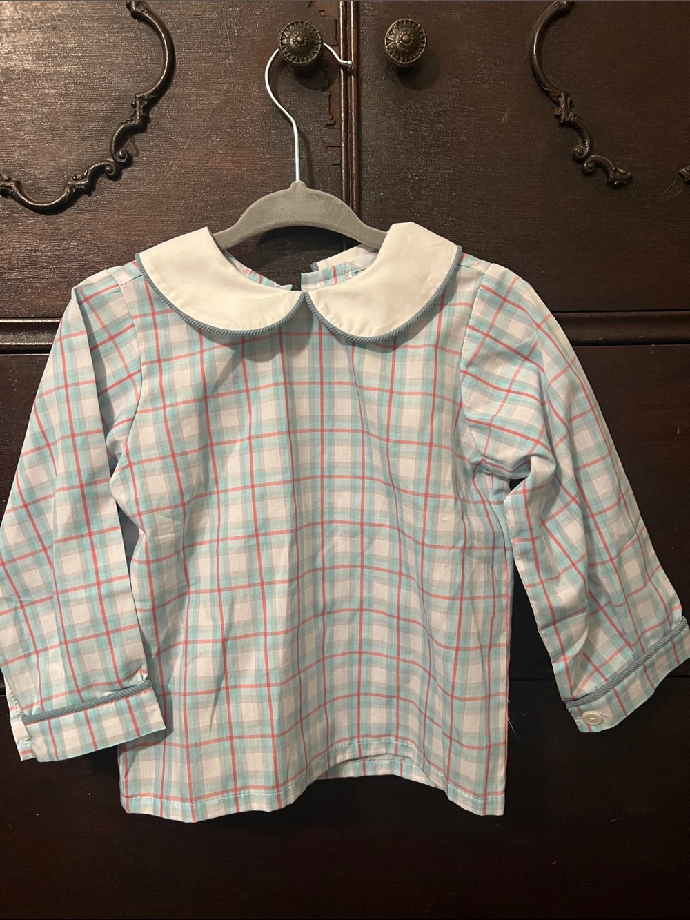 Remember Nguyen Teal, Tan, and Salmon Check Top